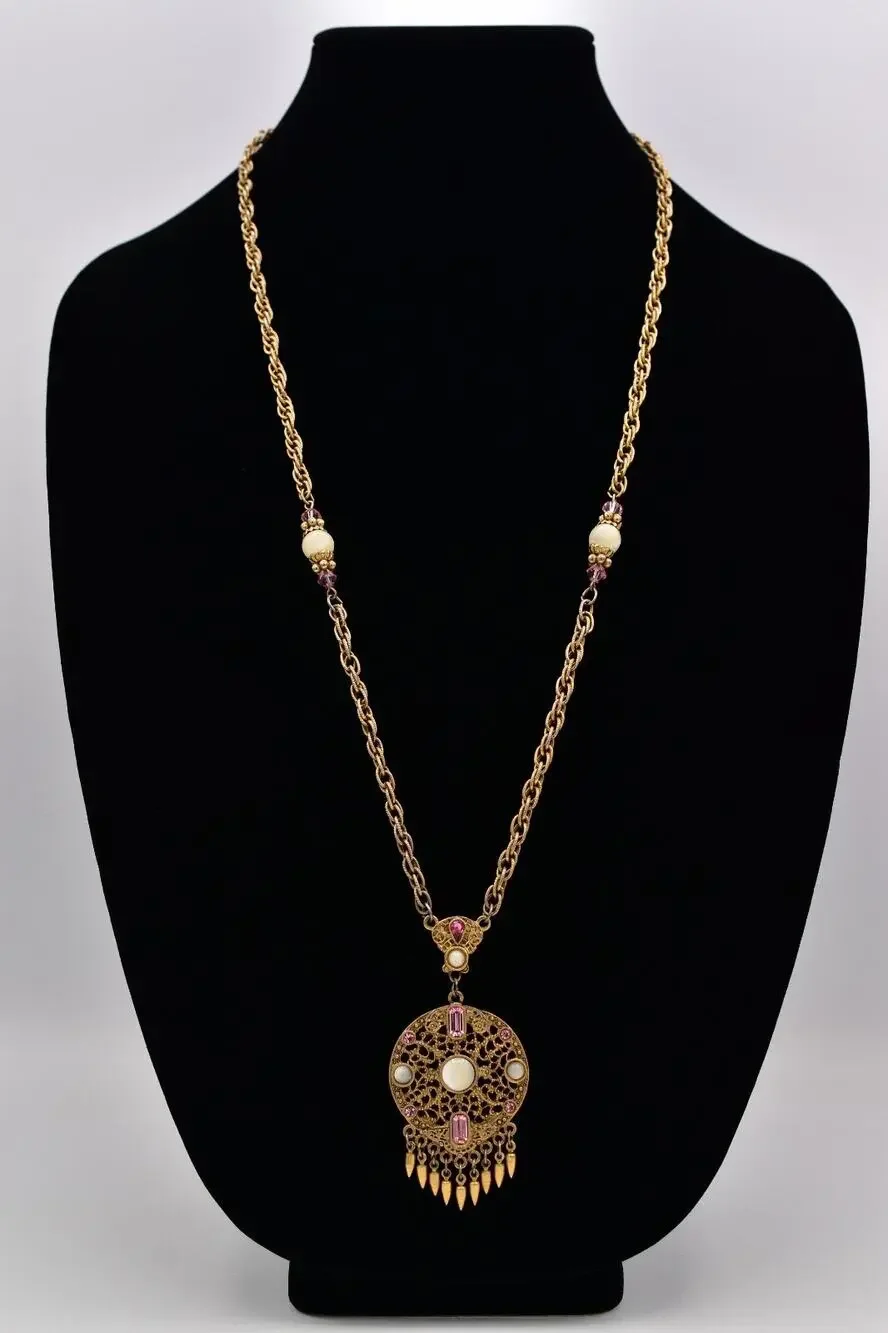 1928 Vintage Pink Crystal Cabochon Pendant Necklace Antiqued Gold Signed BinBL